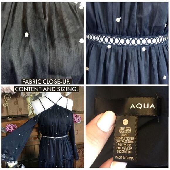 Aqua Navy Blue Embroidered Cold Shoulder Mini Dress | Sz S - Picture 13 of 14